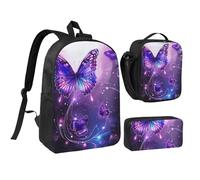 kkvhhyuo Purple Butterflies Print School Backpack Set with 17 Inch Kids Backpack Lunch Bag & Pencil Case Bundle for Teens Girls Boys, Lightweight Bookbag Travel Rucksack