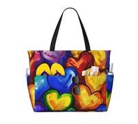kkvhhyuo Rainbow Colored Gay Pride Hearts Print Large Beach Bag, Foldable Beach Tote Bag with Zipper and Pocket Reusable Shopping Bag for women, Tote Bags for Traveling, Shopping, Pool