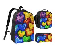 kkvhhyuo Rainbow Colored Gay Pride Hearts Print School Backpack Set with 17 Inch Kids Backpack Lunch Bag & Pencil Case Bundle for Teens Girls Boys, Lightweight Bookbag Travel Rucksack