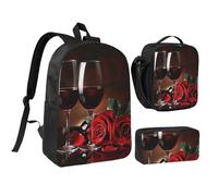 kkvhhyuo Red Rose and Wine Romantic Lovers Decor Print School Backpack Set with 17 Inch Kids Backpack Lunch Bag & Pencil Case Bundle for Teens Girls Boys, Lightweight Bookbag Travel Rucksack