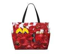 kkvhhyuo Red Rose Petals Print Large Beach Bag for Women Waterproof Beach Tote Bag with Zip and Pocket Shopping Bag Travel Bag Holiday Handbag for Travel Traveling Shopping