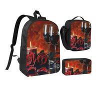 kkvhhyuo Red Wine Rose and Candle Print School Backpack Set with 17 Inch Kids Backpack Lunch Bag & Pencil Case Bundle for Teens Girls Boys, Lightweight Bookbag Travel Rucksack