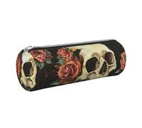 kkvhhyuo Rose Skull Print Leather Pencil Case Portable Round Pencil Pouch with Silver Zip Multifunctional Pencil Holder Pouch Stationery Pen Bag for Teen Girls and Boys