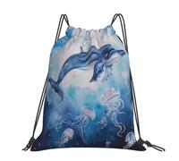 kkvhhyuo Sea whale and jellyfish Printed Drawstring Backpack Large Foldable Draw String Bag with Adjustable Straps for Sports Travel Swimming School