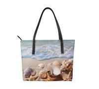 kkvhhyuo Shells on The Beach Print Leather Tote Bag Reusable Large Handbags Shoulder Bag with Zipper and Pockets Shopping Bag for Work, School, Travel