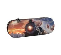kkvhhyuo Steam Train Depart Sunset Print Leather Pencil Case, Leather Aesthetic Pencil Pouch Stationery Bag Pen Holder for Stationery Makeup Utensils Organizer
