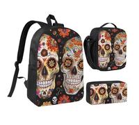 kkvhhyuo Sugar Skulls Print School Backpack Set with 17 Inch Kids Backpack Lunch Bag & Pencil Case Bundle for Teens Girls Boys, Lightweight Bookbag Travel Rucksack