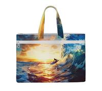 kkvhhyuo Sunset Sea Surfing Seascape Print Document Bag, Lightweight Canvas Bag Handbag with Dual Zip Canvas Tote File Bag for Work Commuting Study and Everyday Carry
