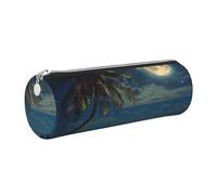 kkvhhyuo Tropical Beach Palm Tree with Full Moon Starry Night Print Leather Pencil Case, Cylinder Pencil Pouch with Silver, Zipper Cute Pen Case for Boys Girls Teen College Students School
