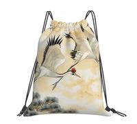 kkvhhyuo two Japanese cranes flying traditional painting Printed Drawstring Backpack Large Foldable Draw String Bag with Adjustable Straps for Sports Travel Swimming School