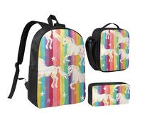 kkvhhyuo Unicorns On Colorful Stripes Print School Backpack Set with 17 Inch Kids Backpack Lunch Bag & Pencil Case Bundle for Teens Girls Boys, Lightweight Bookbag Travel Rucksack