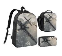 kkvhhyuo World War 2 Aircraft Airplane Print School Backpack Set with 17 Inch Kids Backpack Lunch Bag & Pencil Case Bundle for Teens Girls Boys, Lightweight Bookbag Travel Rucksack