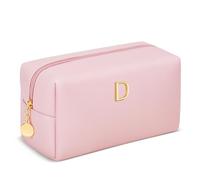 KKXIU Initial Makeup Bag for Women - Personalized Birthday Gifts Cosmetic Travel Toiletry Bag with Waterproof Soft PU Leather Customized Gifts for Friend Teacher Bridemaid, Pink, 8x3x5 inches, D