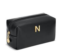 KKXIU Personalized Birthday Gifts for Women - Initial Makeup Bag Cosmetic Travel Toiletry Bag with Waterproof Soft PU Leather Customized Gifts for Friend Teacher Bridemaid, Black, N