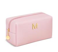 KKXIU Personalized Birthday Gifts for Women - Initial Makeup Bag Cosmetic Travel Toiletry Bag with Waterproof Soft PU Leather Customized Gifts for Friend Teacher Bridemaid, Pink, M