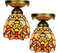 KKXXYQFC 6" Small Ceiling Light Fixture Yellow Baroque Stained Glass Shade Semi Flush Mount Ceiling Lamp Decor Island Kitchen Bar Dining Living Bedroom Entryway Corridor Balcony,2pcs