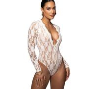 KKXXYQFC Fashion Solid Mesh Lace Skinny Bodysuits For Women Rompers Female Tops Long Sleeves O-Neck Jumpsuit High Street Body