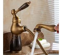 KKXXYQFC french natural jade pull-out faucet all-copper bathroom basin hot and cold faucet, antique, coffee jade, high model