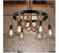 KKXXYQFC Industrial Hemp Rope Chandelier - 6-Light Rustic Black Pendant Light with Metal Cage for Vintage Farmhouse Decor Ideal Dining Room Living Kitchen & Foyer