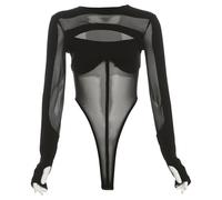 KKXXYQFC Mesh Transparent Patchwork Bodysuits Women High Waist Thong Hand Hole Sheer Chest Wrapping O-Neck Solid Body Tops