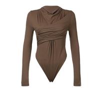 KKXXYQFC Overlap Pleated Bodysuit Women Crew Neck Solid Long Sleeve Top Swinging Collar All-Match Slim Fit