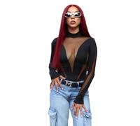 KKXXYQFC Patchwork Long Sleeve Bodysuit Women Autumn Turtleneck Skinny One-pieces Party Night Club Streetwear Bodysuits,Black,S