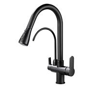 KKXXYQFC Pull Out Kitchen Faucet, Drinking Water, Brass Double Handle Single Hole Hot and Cold Mixer Tap, 360°Rotation Sink with Down Sprayer,Black(Nero)