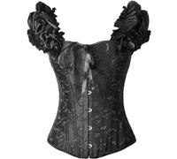 KKXXYQFC Women'S Gothic Lace Up Corset - Lolita Puff Ruffle Shoulder Strap Overbust Jacquard Bustier,Waist Solid Body Black Shapewear Top Plus Size
