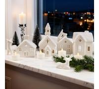 KKYOYRE Porcelain Christmas Village Set with LED Lights,4 Houses, 2 Deer, Santa, 2 Trees & Remote Control for Tabletop Holiday Snow Scene Christmas Decor