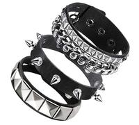 klahh 3Pcs Punk Rock Leather Bracelets,Adjustable Goth Spike Wristband Punk Rock Studded Bracelet