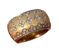 Klaisy Four Leaf Clovers Zircon Embellished Gold Tone Rings Sparkling Diamonds Accent Wide Band Stylish Banquet Accessories Italian Retro Four Leaf Clovers