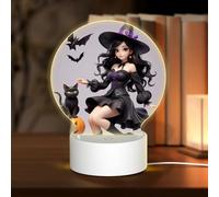 KLAMN Round Acrylic Touch Bedside Night Light,Halloween Witch Flying Printed LED Night Lamp with USB plug,3 Colours Dimmable, WZ201