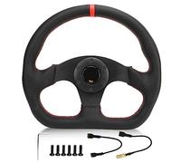 Klanata Universal Car D Type Steering Wheel, Black Frame with Leather Wrap, Sports Race Style, for Drifting and Replacement Carbon Fiber Look