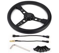 Klanata Universal Leather Steering Wheel for MOMO Prototipo Style, 350mm/14in, 6-Bolt, Black with Gray Stitching, Includes Horn Button