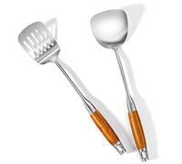 KLAQQED 2Pcs Stainless Steel Wok Spatula Set, Wide Long Wood Handle, Hollow Slotted