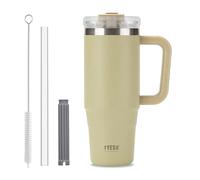 Klaraber Coffee Cup Travel Mug with Handle, 30oz Tumbler with Lockable Lid, Stainless Steel Vacuum Insulated Water Bottle with Straw, Leakproof & Portable Travel Cup for Hot and Cold Drinks (Khaki)