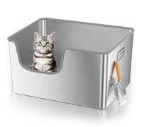 Klarana Stainless Steel Litter Box with High Sided,40L XXL Metal Litter Box for Big Cats,One-Piece Deep Stainless Steel Litter Boxes with Tall Sides,Anti-Leakage,Non-Sticky,Easy Cleaning,with Scoop