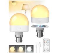Klarlight 2 Pack Rechargeable Light Bulbs with Remote Control, 40W Equivalent, 2500mAh, 3CCT, Dimmable B22 Magnetic Detachable LED Bulb with Timer, Battery Operated Light Bulb for Lamps