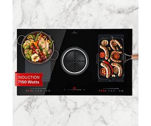 Klarstein 2-in-1 Electric Induction Hob & Kitchen Extractor Fan for Kitchen Islands, Steel Fan 654m³/h Airflow, 4-Zone Induction Cooker Hoods, Touch Control Ceramic Hob, Energy Class Cooker Hood