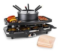 Klarstein 3-in-1 Raclette Grill & Fondue Set, 1100W Tabletop Stone Grill with 8 Pans & Fondue Forks, Indoor Raclette Cheese Cooker