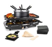 Klarstein 3-in-1 Raclette Grill Machine & Fondue Set, 1100W Stone Indoor Grill Raclette Machine, Wide Table Top Grill w/ 8 Small Pans & Fondue Forks, Raclette Cheese Fondue Sets for Cooking Indoors