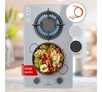 Klarstein Gas & Cooker, 2 Burners Electric Hob, 4200W Built-in Two Ring Stovetop, Campervan Stoves, Stainless Steel Glass Top Wok Burner