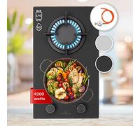 Klarstein Gas & Cooker, 2 Burners Electric Hob, 4200W Built-in Two Ring Stovetop, Campervan Stoves, Stainless Steel Glass Top Wok Burner