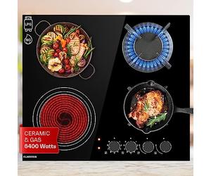 Klarstein Gas Cooker, 4 Burners 6.4 kW Built-in Four Ring Electric Hob, Campervan Cooktop, Stainless Steel Glass Top Wok Burner, 4 Ring Kitchen Stoves