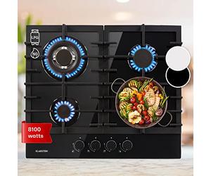 Klarstein Gas Cooker, 4 Burners Gas Hob, 8100W Built In Four Ring Electric Hob, Campervan Cooktops Cookers, Stainless Steel Glass Top Wok Burner, 4 Ring Kitchen Stoves LPG Cooker Burners Units