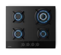 Klarstein Goldflame Nano Gas Hob - 4 Brass Burners, 60cm Glass Surface, 8kW Output, Wok Burner, Nano Coating, Flame Failure Protection, Auto Ignition, NG/LPG Convertible, Black Metal Knobs