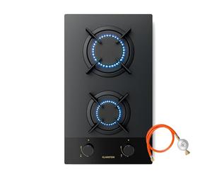 Klarstein Goldflame Nano Gas Hob, 2-Burner Brass & Tempered Glass, 4200W, 30cm, Nano Coating, Flame Protection, Auto Ignition, LPG/NG Convertible, Cast Iron Supports, Black Metal Knobs