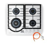 Klarstein Ignito Gas Hob, 4-Burner Aluminum, 8000W, Timer & Temp Control, Flame Failure Safety, Cast Iron Pan Supports, LPG/Natural Gas, 60x51cm, Hot Plate, White