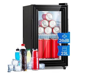 KLARSTEIN Mini Fridge for Bedrooms, Food, Drinks, Beer & Skincare Fridge Cooler, Glass Door Drinks 23L Table Top w/Adjustable Shelves, Quiet & Small For Home, Office, & Camping