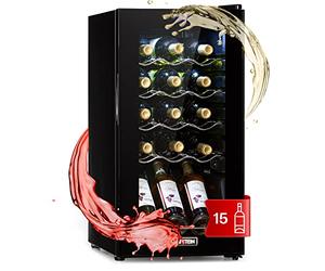KLARSTEIN Shiraz Wine Cooler Black - 15 Bottles, 53 L, 1 Zone | Freestanding Wine Fridge with Glass Door, Quiet, 5-18 °C, LED, Stainless Steel Frame, Slim